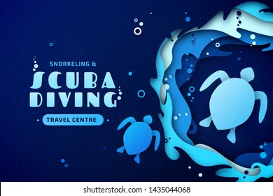 Paper art of scuba diving, snorkeling and marine life concept. Origami of cut out layers cardboard of underwater world and ocean wildlife: reef, sea waves, turtles and fishes. Creative vector poster