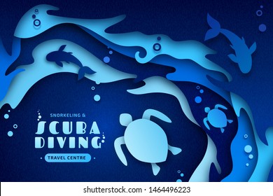 Paper art of scuba diving, snorkeling and marine life concept. Origami of cut out layers cardboard of underwater world and ocean wildlife: reef, sea waves, turtles and fishes. Creative vector poster