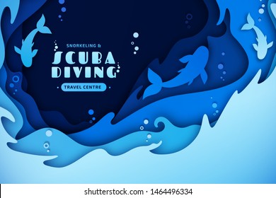 Paper art of scuba diving, snorkeling and marine life concept. Origami of cut out layers cardboard of underwater world and ocean wildlife: reef, sea waves and fishes. Creative vector poster