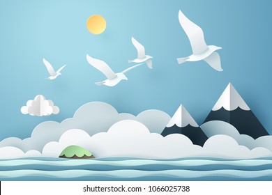 Papier Kunst Seagull Fliege über dem Meer, Reise- und Freiheitskonzept, Vektorkunst und Illustration.