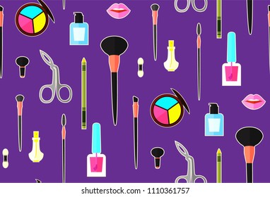Up Paper Art Seamless Pattern. Cosmetics and Fashion Promotion Template. Lippstick, Bruches, Nail Polish, Eye Shadow Palettes, Perfume, Mascara, Rose and so on. Vector illustration