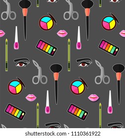 Up Paper Art Seamless Pattern. Cosmetics and Fashion Promotion Template. Lippstick, Bruches, Nail Polish, Eye Shadow Palettes, Perfume, Mascara, Rose and so on. Vector illustration