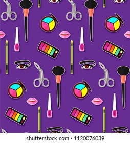 Up Paper Art Seamless Pattern. Cosmetics and Fashion Promotion Template. Lippstick, Bruches, Nail Polish, Eye Shadow Palettes, Perfume, Mascara, Rose and so on. Vector illustration