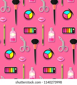 Up Paper Art Seamless Pattern. Cosmetics and Fashion Promotion Template. Lippstick, Bruches, Nail Polish, Eye Shadow Palettes, Perfume, Mascara, Rose and so on. Vector illustration