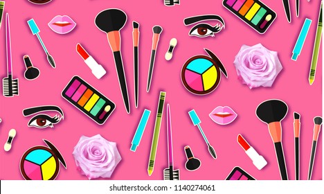 Up Paper Art Seamless Pattern. Cosmetics and Fashion Promotion Template. Lippstick, Bruches, Nail Polish, Eye Shadow Palettes, Perfume, Mascara, Rose and so on. Vector illustration