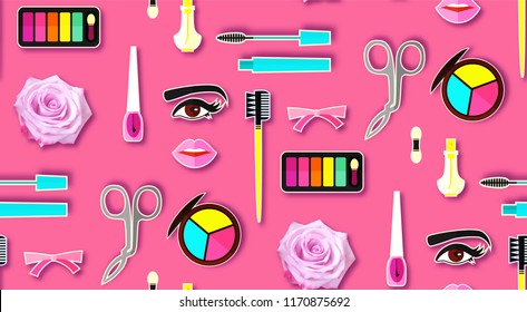 Up Paper Art Seamless Pattern. Cosmetics and Fashion Promotion Template. Lippstick, Bruches, Nail Polish, Eye Shadow Palettes, Perfume, Mascara, Rose and so on. Vector illustration