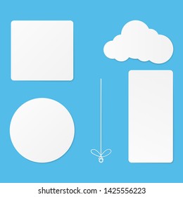 Paper art with set of shape on blue sky. Copy space. Speech Bubble, White and grey blank hanging. mock up empty. 