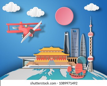 Paper art shanghai ,China infographic . Airplane flying to China .