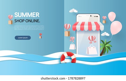paper art shopping online on smart phone summer day sale 