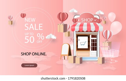 paper art shopping online on smartphone and new buy sale promotion pink backgroud for banner market ecommerce women concept.