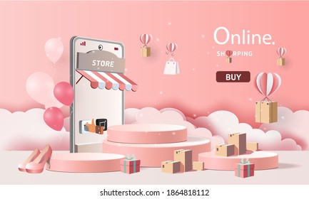 paper art shopping online on smartphone and new buy sale promotion pink background for banner market ecommerce.