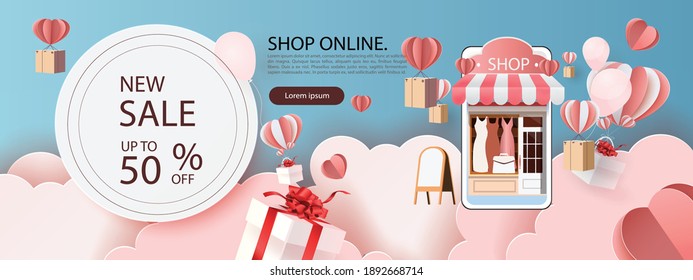 paper art shopping online on smartphone and new buy sale promotion backgroud for banner market ecommerce.