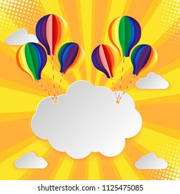 Paper art signboard cloud on sky with colorful balloon. Vector illustration