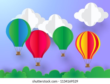 Paper art signboard cloud on sky with colorful balloon. Vector illustration