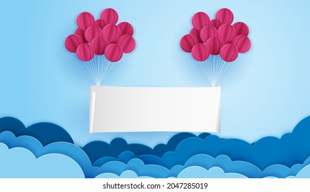 Paper art of signboard hang on the blue sky and cloud with balloon, template for text and label, vector design.