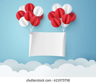 Paper art of signboard hang on sky with balloon, template for text and label, vector art and illustration.
