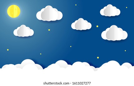 Paper art of the sky with clouds and moon at night,Vector and Illustration.