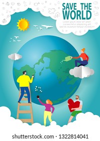 Paper art of small people prepare for the day of the environment, save the planet, save the world, Earth day,ecology concept vector illustration isolated on background 