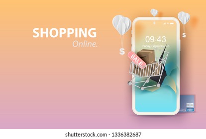 Paper Art Of Smartphone For Online Shopping Your Text Space Background, Shopping Cart Floating On Mobile Phone Concept,Balloon By Dollar Money On Pastel Color,Shopping Via The Internet Shop.vector.