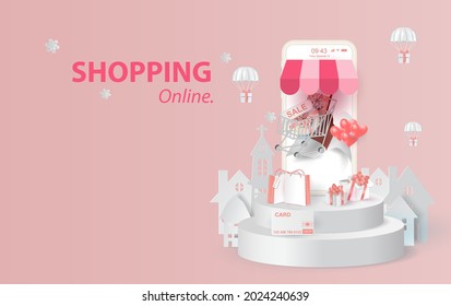 Paper art of smartphone for online shopping your text space background, Shopping Cart Floating on mobile phone concept,Balloon by dollar money. Merry Christmas and Happy New Year sale concept