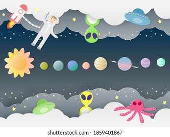 Paper art of solar system among cloud, stars, aliens, UFO, rocket and astronaut cartoon vector