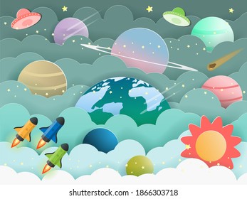 Paper art of solar system among 
Atmosphere, stars, 
cloud, rockets, comet, meteorite and UFO spaceships. solar system paper cut vector
