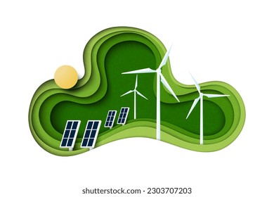 Papel de una turbina solar y eólica. Concepto de fuentes de energía ecológicas. Ecología y cuestiones ambientales. Ilustración vectorial.