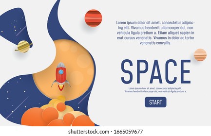Paper art of space background with abstract spaceship and planets, Space explore, Web banner