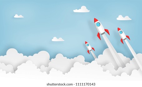 paper art of space rocket launch to the sky in startup concept of business or project. vector illustrator