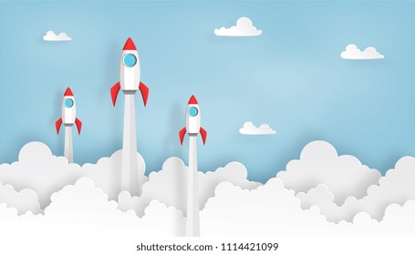 paper art of space rocket launch to the sky in startup concept of business or project. vector illustrator