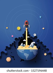paper art space rocket launch and galaxy .