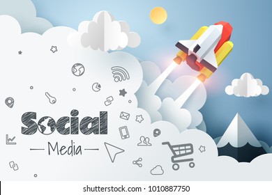 Paper art of space shuttle launch to the sky, start up business concept and social media idea, vector art and illustration.