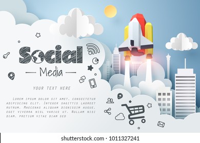 Paper art of space shuttle launch from city to the sky, social media marketing concept and start up business idea, vector art and illustration.