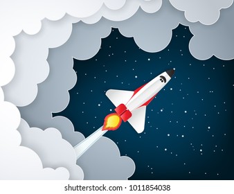 Paper art of space shuttle launch to the sky. Night sky, shining stars, fluffy clouds. Rocket launch. Start up business concept and exploration idea