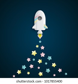 Paper art of space shuttle launch to the sky. Night sky, stars. Rocket launch. Start up business concept and exploration idea.