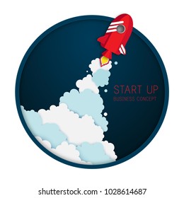 Paper art of space shuttle launch to the sky. Night sky, fluffy clouds. Rocket launch. Start up business concept and exploration idea