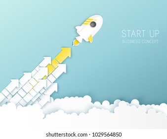 Paper art of space shuttle launch to the sky. Blue sky, fluffy clouds, arrows.  Rocket launch. Start up business concept, leadership, individuality and exploration idea.