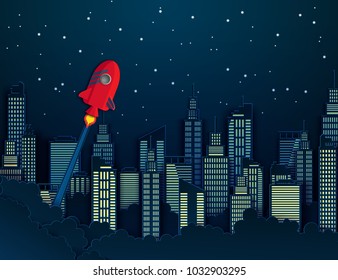Paper art of space shuttle launch to the sky.  Modern nidht city skyline building industrial paper art landscape skyscraper offices, clouds. Start up business concept and exploration idea