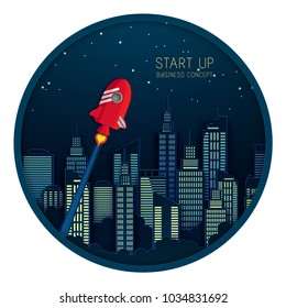 Paper art of space shuttle launch to the sky. Paper skyscrapers. Nidht city skyline building industrial paper art landscape skyscraper offices, clouds. Start up business concept and exploration idea
