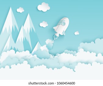 Paper art of space shuttle launch to the sky. Blue sky, paper clouds, mountains. Rocket launch. Start up business concept and exploration idea