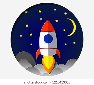 Paper art of space shuttle launch to the sky. Night sky, fluffy clouds. Rocket launch. Start up business concept and exploration idea