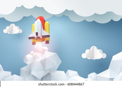 Paper art of space shuttle launch to the sky, start up business concept and exploration idea, vector art and illustration.