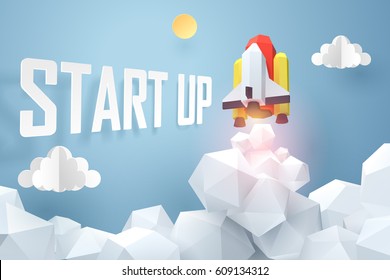 Paper art of space shuttle launch to the sky, start up business concept and exploration idea, vector art and illustration.