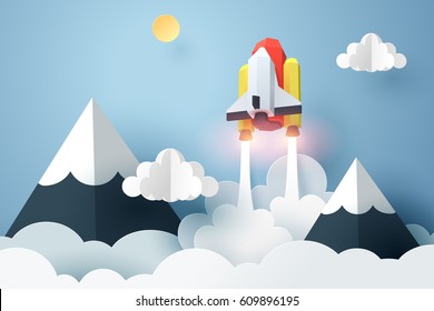 Paper art of space shuttle launch to the sky, start up business concept and exploration idea, vector art and illustration.