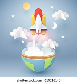 Paper Art Of Space Shuttle Launch Out Of The Earth, Start Up Business Concept And Exploration Idea, Vector Art And Illustration.