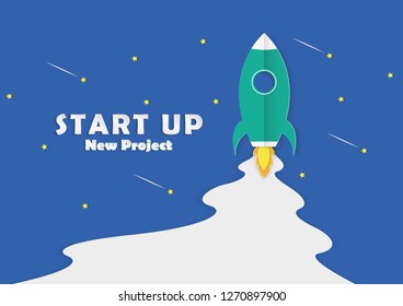 Paper art of spacecraft in the air and start up project Business Concept Vector. Start Up New Project on night sky background.