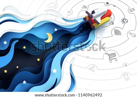 Paper art of spaceship fly to explore, social media marketing concept and start up business idea, vector art and illustration.