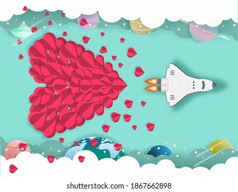 Paper art of spaceship with heart balloons flying in solar system among stars and colorful planets. rocket with heart smoke greeting card paper cut vector