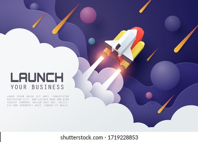 Paper art of spaceship launch to the space, social media marketing concept and start up business idea, vector art and illustration.