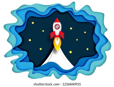 Paper art of Spaceships launch to space and Abstract Design Background Vector